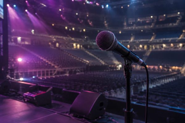 Microfone em pedestal diante de uma arena vazia, com iluminação roxa e azul de passagem de som, em cena ilustrativa de concerto.