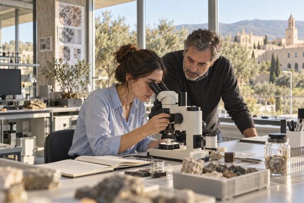 Pesquisadora observa uma amostra em um microscópio ao lado de um colega em laboratório universitário iluminado por grandes janelas.