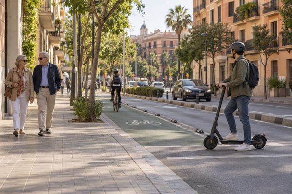 Cena ilustrativa de pedestres em uma calçada espanhola e um adulto de capacete parado com patinete ao lado de uma ciclovia.
