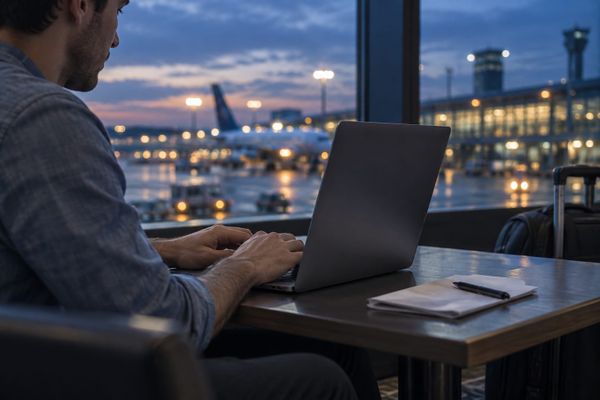 Viajante fictício usa um notebook junto à janela de um aeroporto ao anoitecer, com luzes do terminal ao fundo.