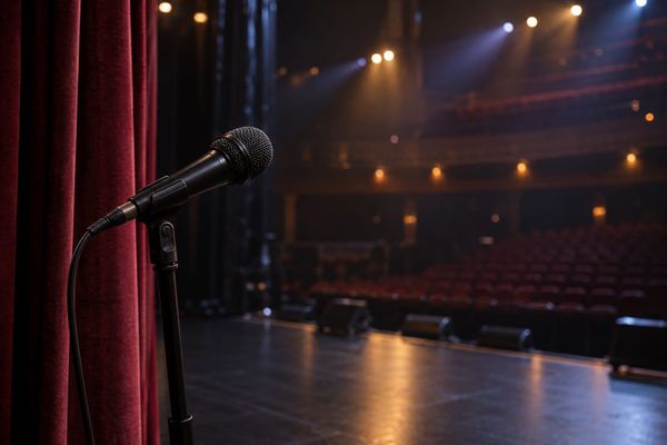 Microfone em suporte ao lado de cortina vinho, com palco e plateia vazios de um teatro fictício ao fundo.