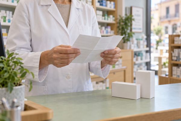 Profissional de farmácia confere um folheto sem texto legível junto a caixas neutras sobre um balcão, em cena ilustrativa sobre informações de medicamentos.