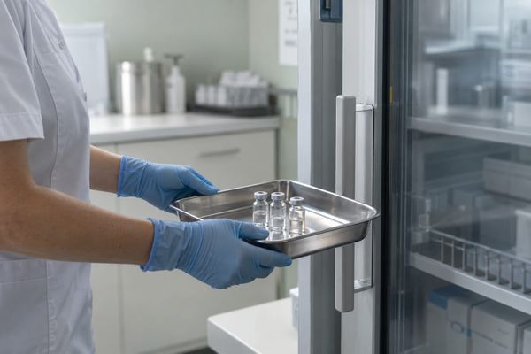 Mãos com luvas azuis seguram bandeja metálica com frascos genéricos fechados, ao lado de uma geladeira clínica.