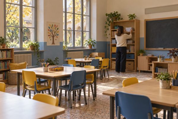 Professora organiza cadernos em uma sala de aula vazia, com mesas de madeira e cadeiras azuis e amarelas, em ilustração de escola italiana.