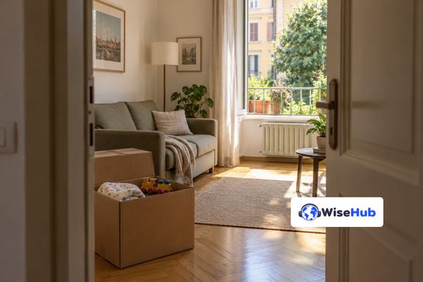 Sala de apartamento com sofá e caixas de mudança, vista pela porta, em cena ilustrativa com o logo oficial da WiseHub.