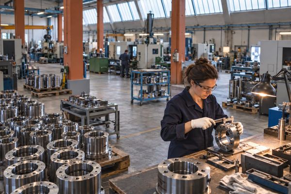 Técnica com óculos de proteção mede uma peça de aço com paquímetro em fábrica iluminada por claraboias, em cena industrial ilustrativa.