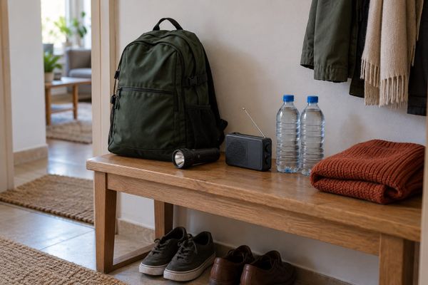 Mochila verde, rádio, lanterna, garrafas de água e roupa quente organizados sobre um banco no corredor de uma casa.