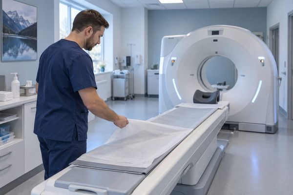 Profissional de radiologia prepara a mesa de um tomógrafo em uma sala de exames vazia, em cena ilustrativa.