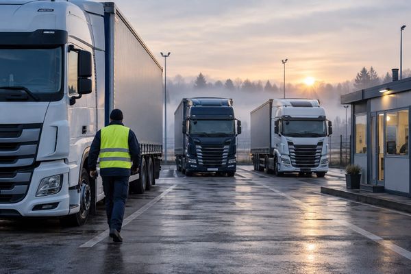 Motorista com colete refletivo caminha entre caminhões estacionados em um pátio ao amanhecer, em cena ilustrativa.
