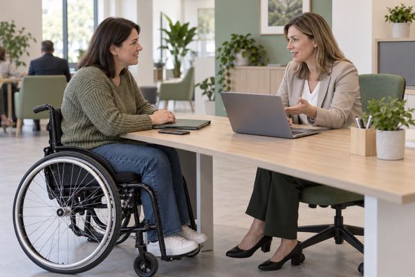 Mulher em cadeira de rodas conversa com atendente diante de um computador em escritório acessível, em cena ilustrativa de atendimento público.