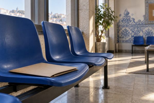 Cadeiras azuis e uma pasta fechada em sala de espera com azulejos portugueses, em ambiente ilustrativo sem identificação institucional.