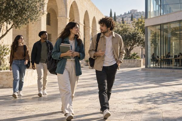 Quatro jovens adultos caminham por um pátio universitário com arcos de pedra e um prédio de vidro, em cena ilustrativa de estudo e trabalho.