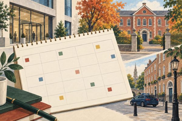 Ilustração de um calendário sem números entre um banco, uma escola e uma rua com viatura, representando a agenda de mobilizações trabalhistas.