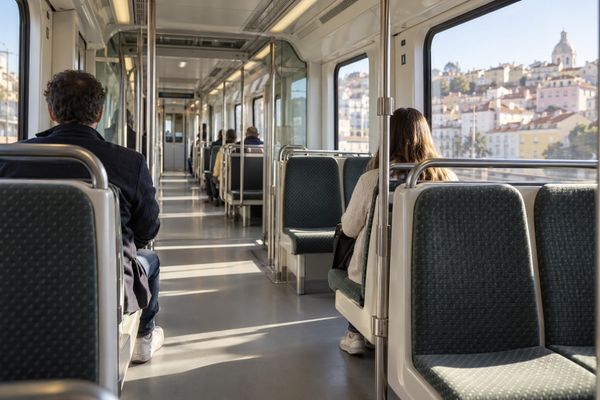Passageiros sentados em um trem urbano iluminado pelo sol, com edifícios portugueses visíveis pelas janelas, em cena ilustrativa.