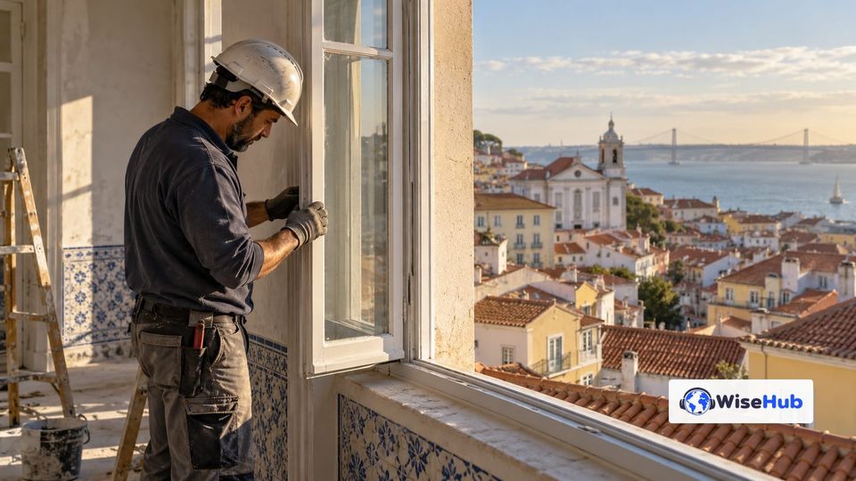 Cena ilustrativa de profissional reformando janela de apartamento em Lisboa, com vista urbana e logo oficial da WiseHub.