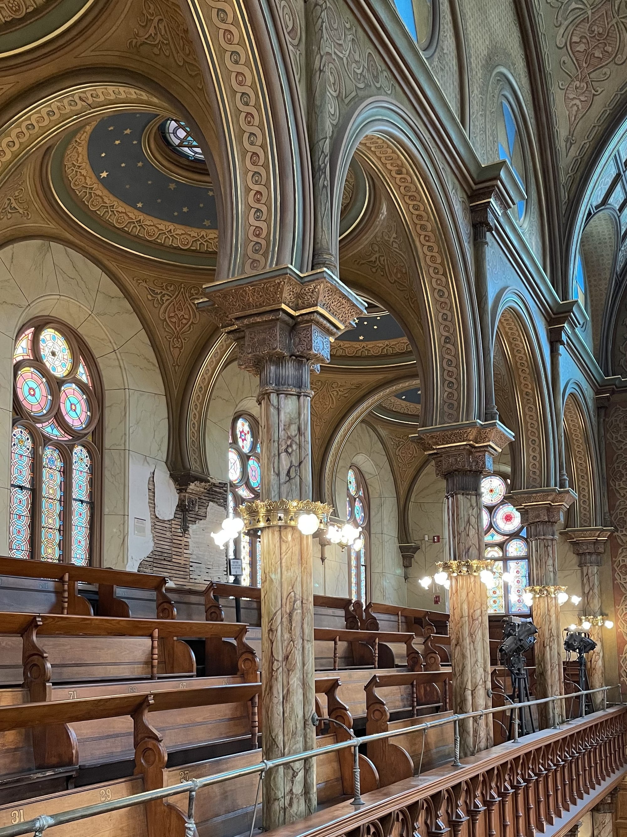 Balcony seating area in a historic synagogue