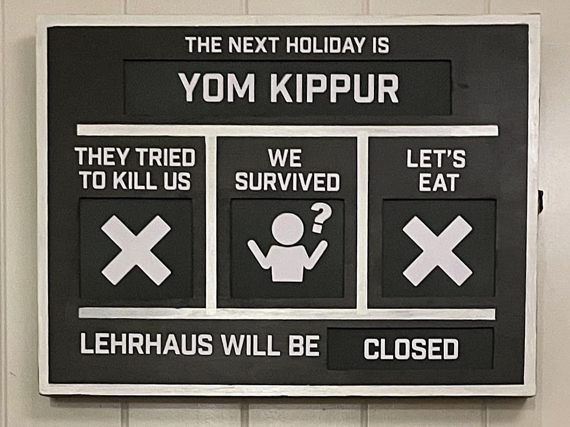 Sign displaying the next Jewish holiday and icons indicating if they tried to kill us, if we survived, and if we're eating