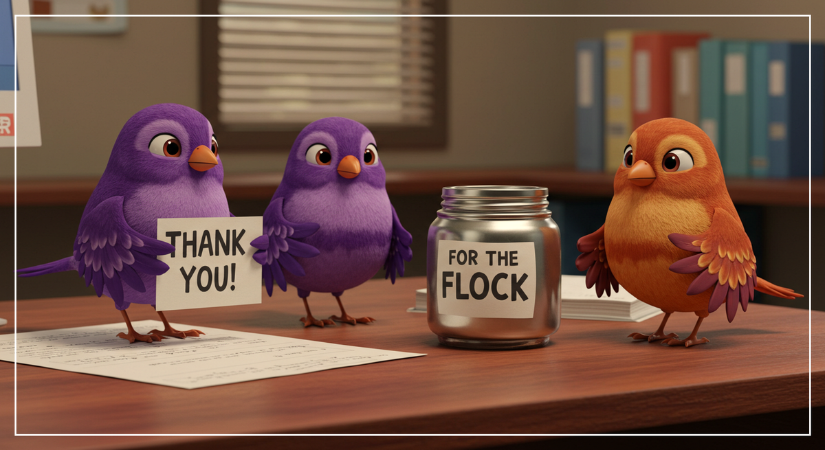 Three birds gathering around a donation jar. One bird is holding a thank you sign.