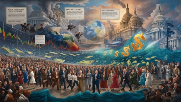 Image of a vast dynamic mural of our global economy, where the echoes of past financial crises merge with the modern threats of tariffs and trade wars.