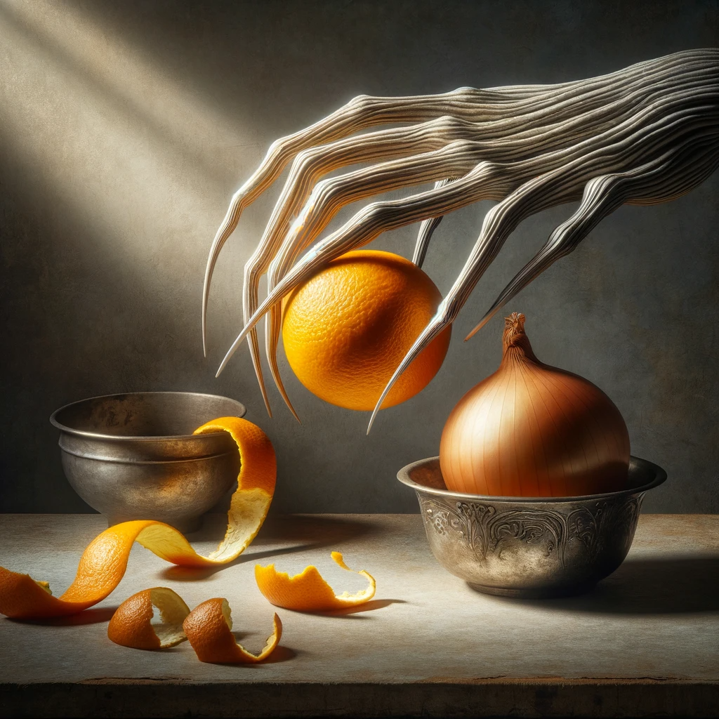 spindly fingers with orange peel and onion