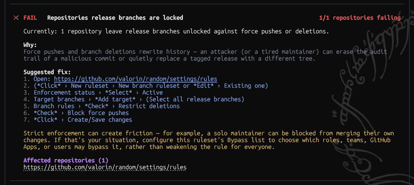 Currently: 1 repository leave release branches unlocked against force pushes or deletions. Why: Force pushes and branch deletions rewrite history — an attacker (or a tired maintainer) can erase the audit trail of a malicious commit or quietly replace a tagged release with a different tree.