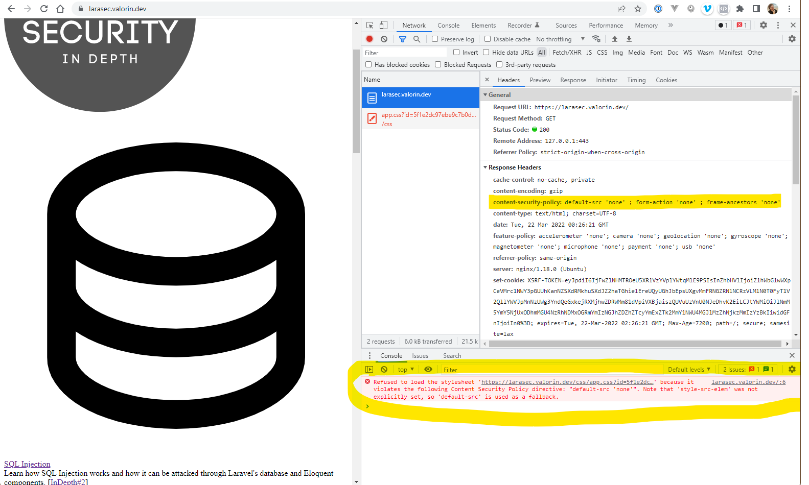 Broken webpage showing CSP header in the request and error message in the console. (Both the CSP header and the console error are included in text below the image.)