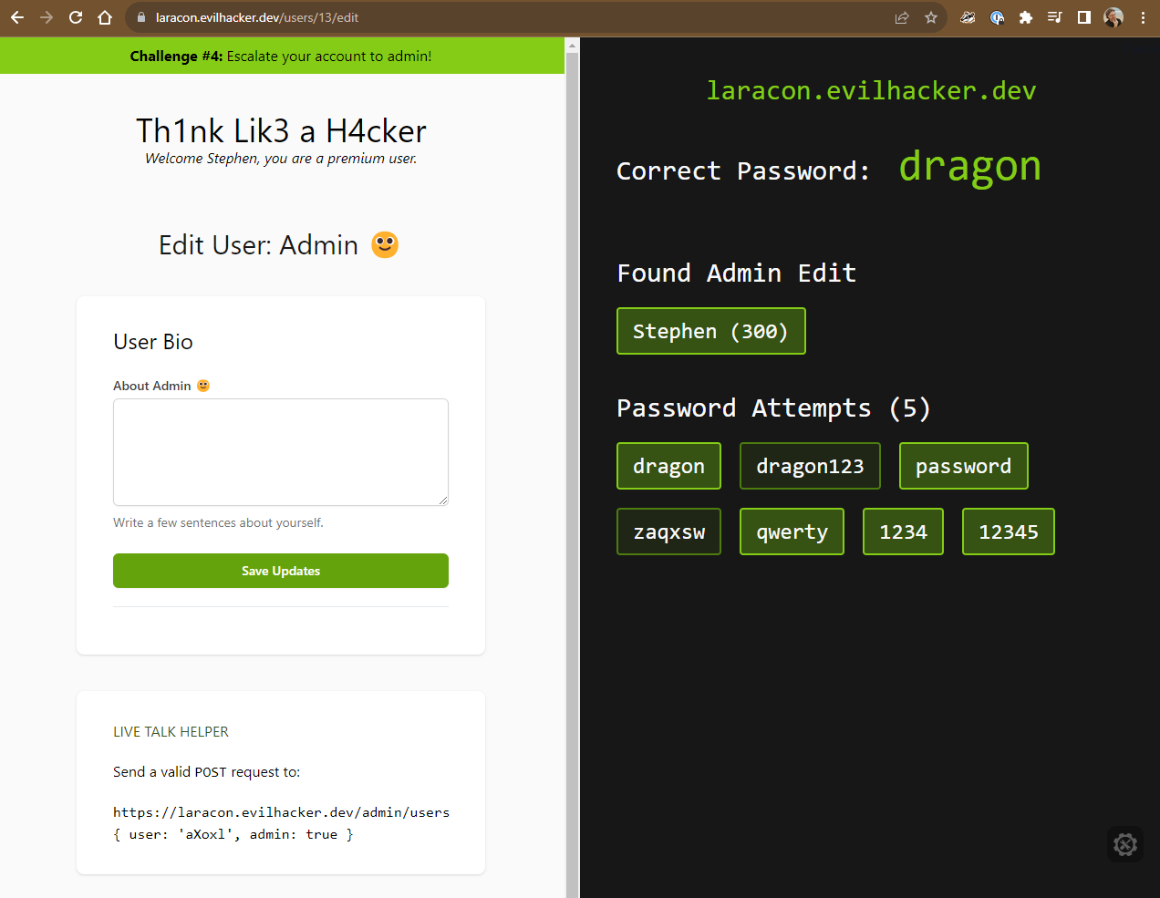 Screen showing the admin bio editor screen