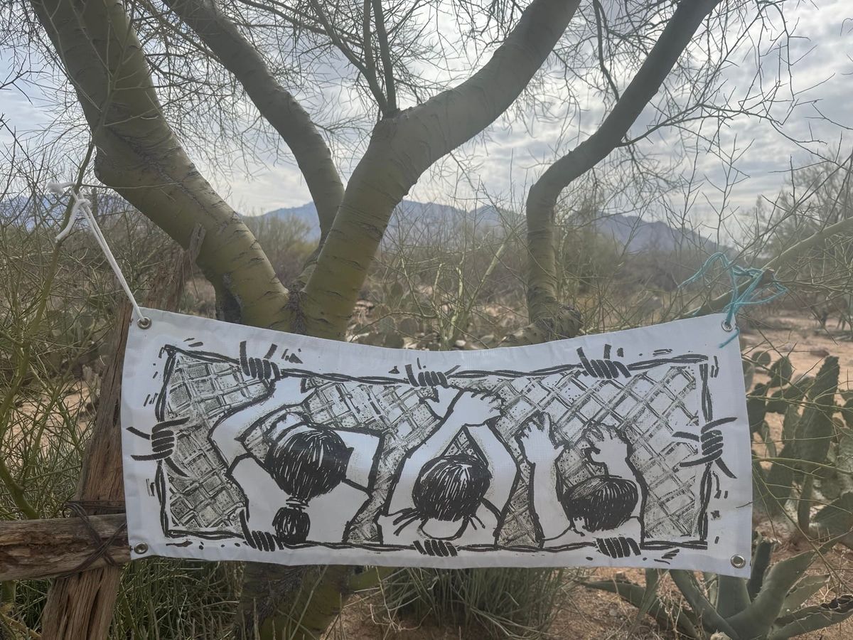 A drawing of three children trying to climb a chain-link fence