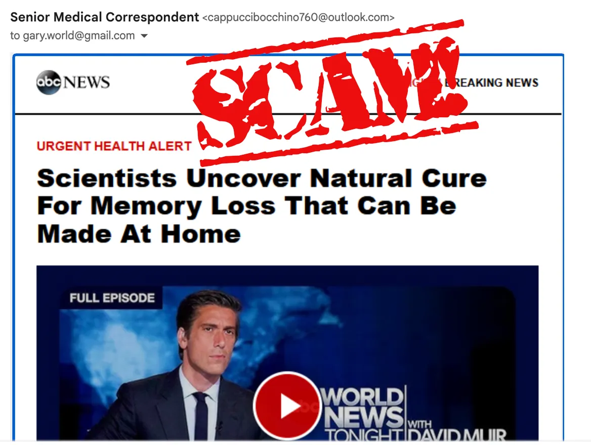 🚨 Scam Alert: Fake “Memory Cure” Email Uses ABC News Branding to Target Seniors