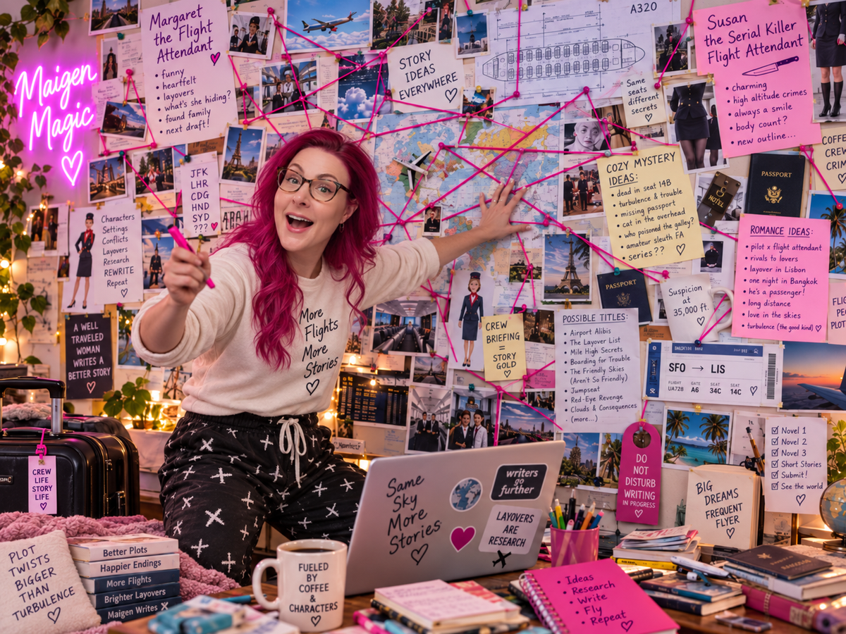 Maigen, grinning like she has just solved six mysteries and invented three more, stands in front of an enormous story-planning wall covered in inspiration and details.