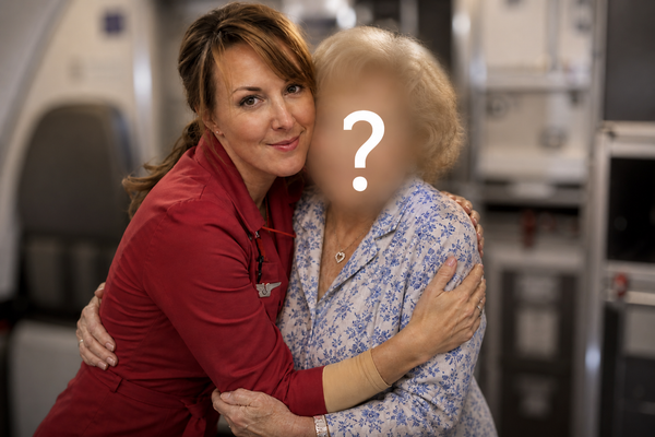 Margaret, the Flight Attendant hugging a celebrity whose face has been blurred out with a question mark superimposed over it.