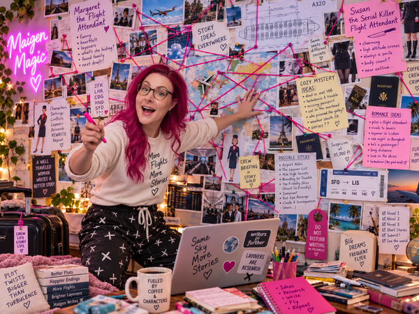Maigen, grinning like she has just solved six mysteries and invented three more, stands in front of an enormous story-planning wall covered in inspiration and details.