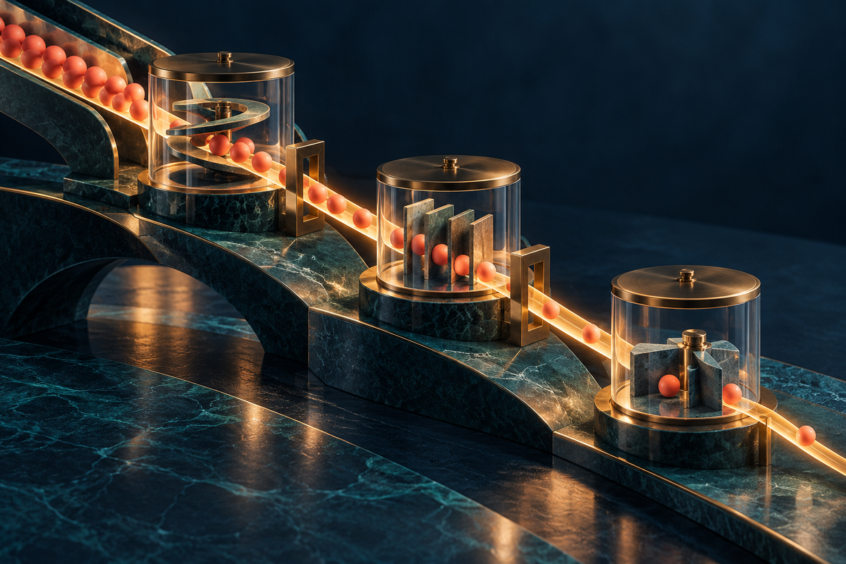 A diminishing line of coral tokens passes through three glass service chambers connected by a single amber channel.