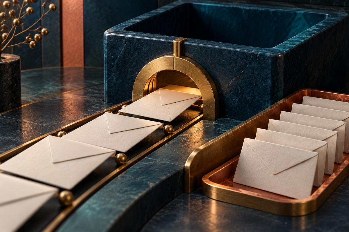 Blank envelopes pass a brass aperture into a deep navy inbox while matching duplicates wait in a separate tray.