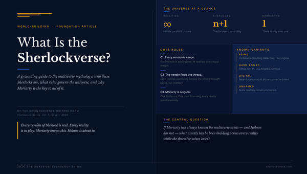 Dark navy cover with amber title "What Is the Sherlockverse?" featuring universe stats, core rules, variant types, and a central dramatic question.