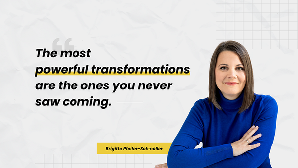 Brigitte Pfeifer-Schmöller smiling in a blue sweater, representing personal growth through coaching. A quote on the image rea