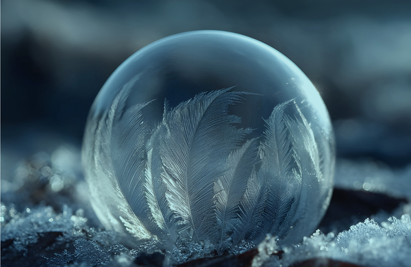 Gefrorene Seifenblase mit Eiskristallen auf frostigem Boden