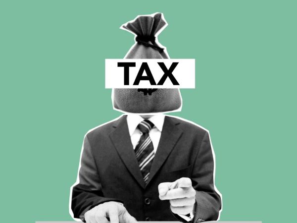 A suited man with a bag on his head labeled "TAX" points towards the viewer against a mint green background.