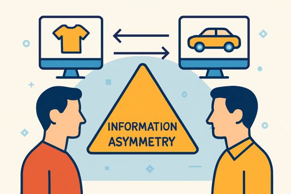 Two men face each other with computer screens showing a car and a shirt, separated by a yellow triangle labeled 'Information Asymmetry'
