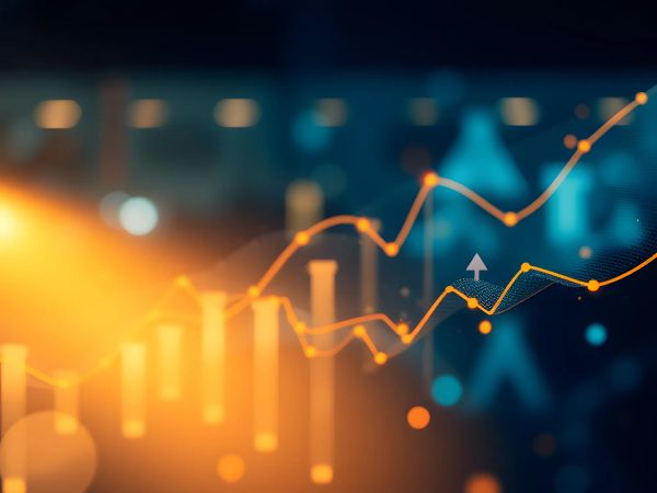 A digital graph displaying an upward trend with orange lines and bars against a blurred blue background, symbolizing growth in data.