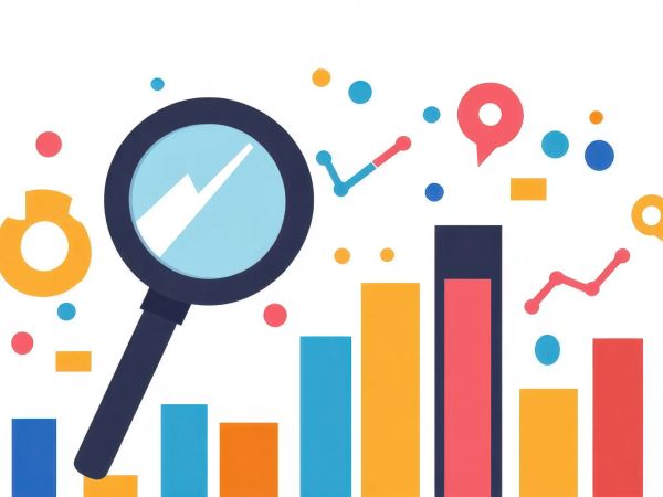 A magnifying glass over vibrant bar charts and colorful data points, symbolizing analysis and data visualization.