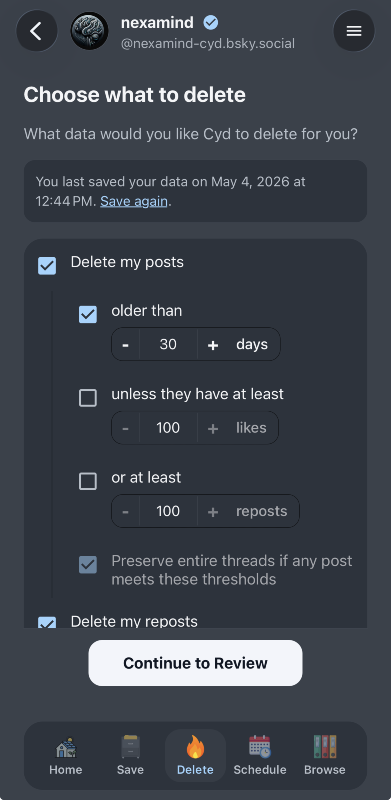 Screenshot of the Cyd mobile app showing the deletion page with the title "Choose what to delete". The interface gives options to choose to delete with thresholds of age, number of likes, or number of reposts.
