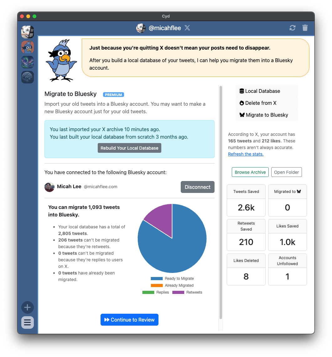 Screenshot of the Cyd desktop application showing the blue bird Cyd logo at the top and the following text: "Just because you're quitting X doesn't mean your posts need to disappear. After you build a local database of your tweets, I can help you migrate them into a Bluesky account." Then the interface shows options to migrate an account to Bluesky, with statistics about the account's database.