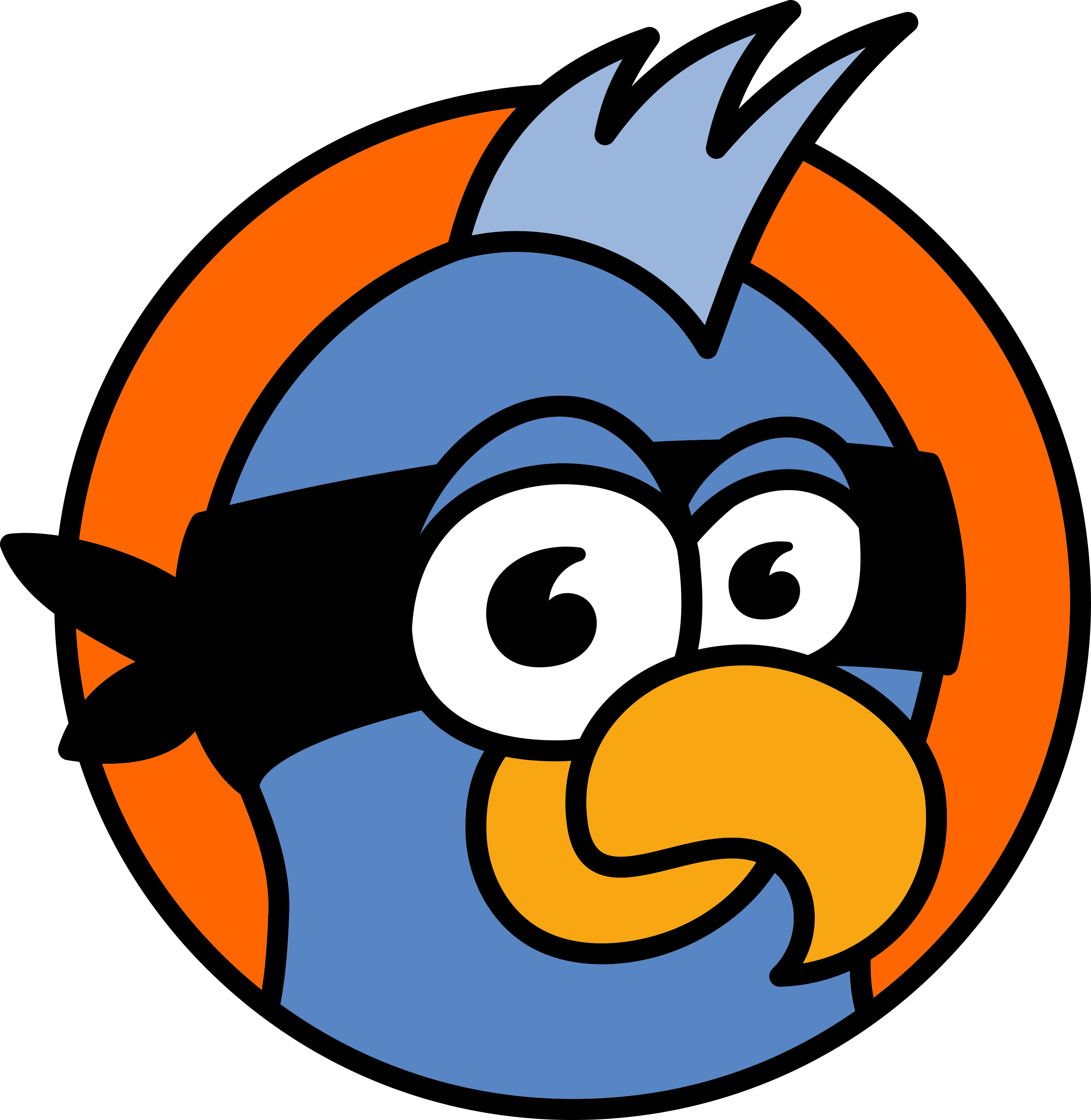 The head of a cartoon blue bird wearing a bandanna and a blue mohawk hairstyle over an orange circle.