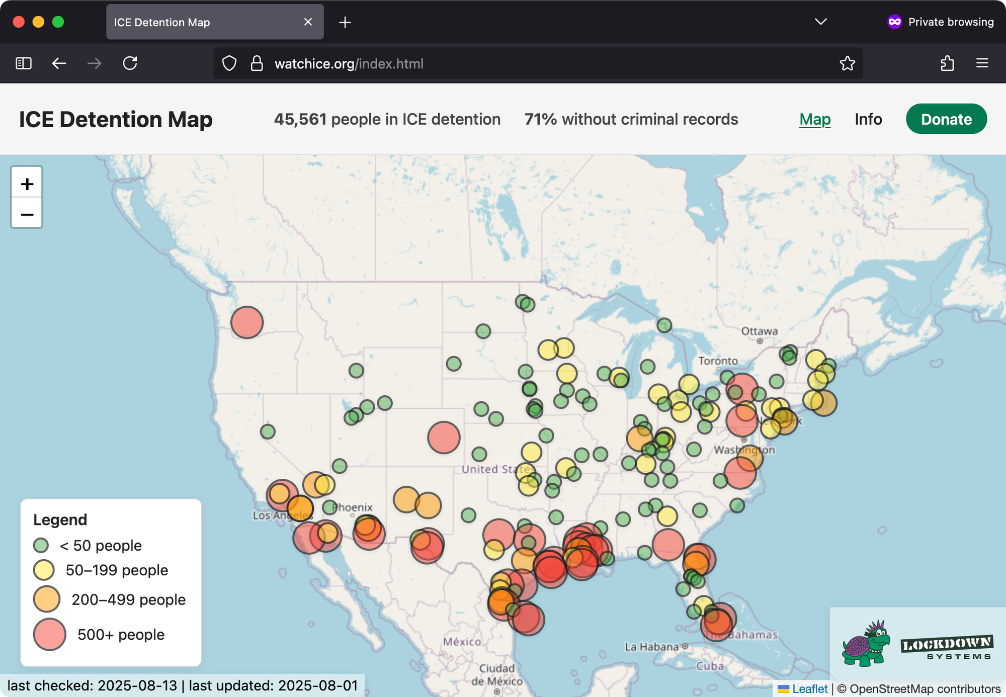 Screenshot of the ICE Detention Map website last updated in August 2025. It is showing many locations over a map of the United States. At the top, the number shows: 45,561 people in ICE detention and 71% without criminal records.