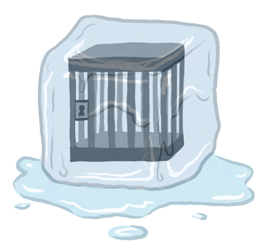 Cartoon representation of a jail cell inside a melting ice cube.