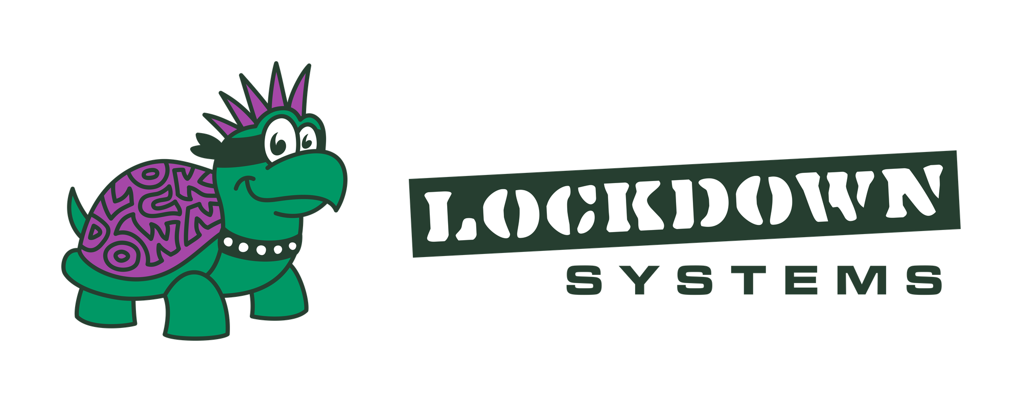 Cartoon green turtle with a purple shell and a purple mohawk hairstyle wearing a bandanna. Letters on the shell spell the word "Lockdown". The words "Lockdown Systems" are on the right, next to the turtle.