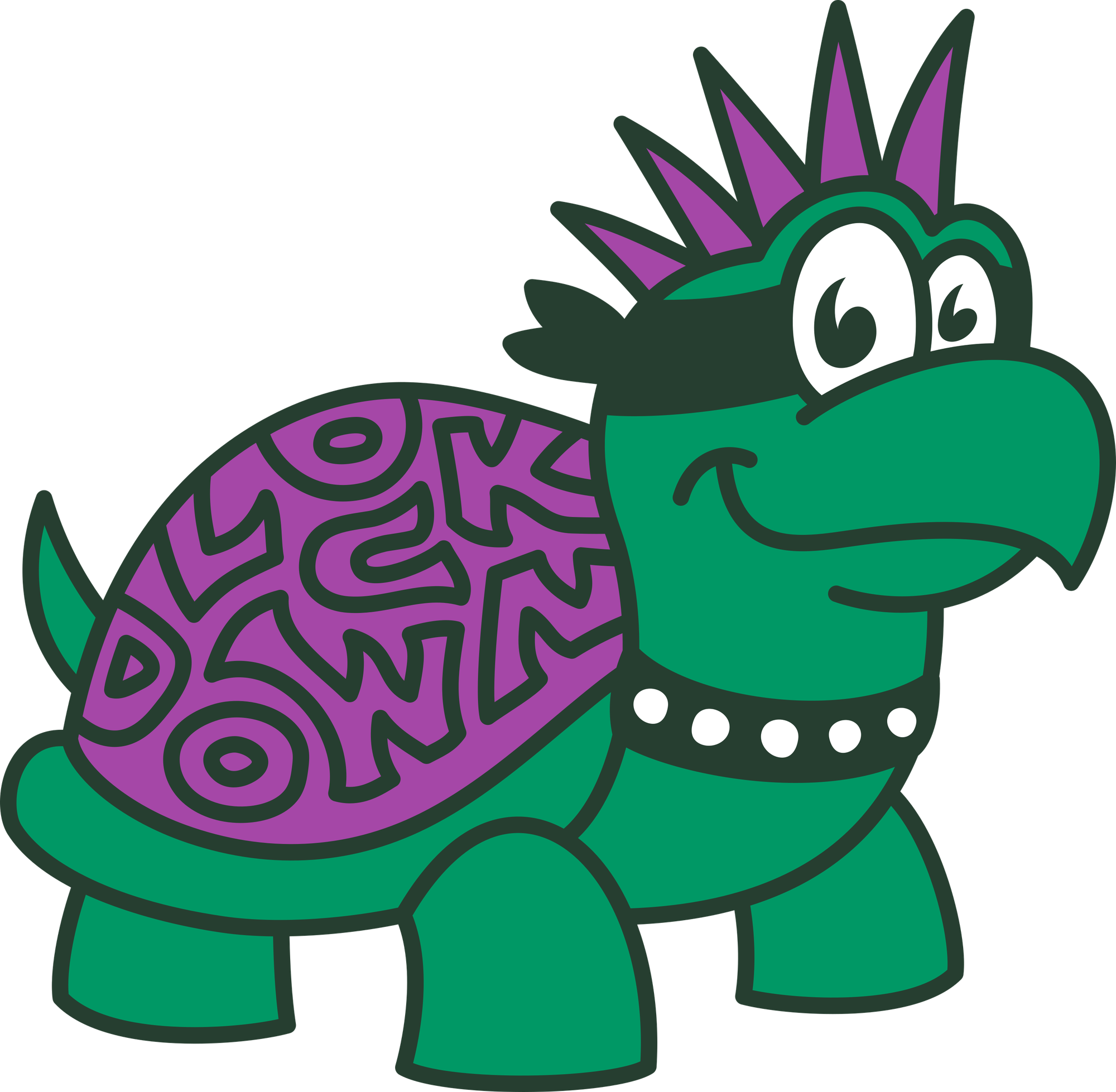 Cartoon green turtle with a purple shell and a purple mohawk hairstyle wearing a bandanna. Letters on the shell spell the word "Lockdown".