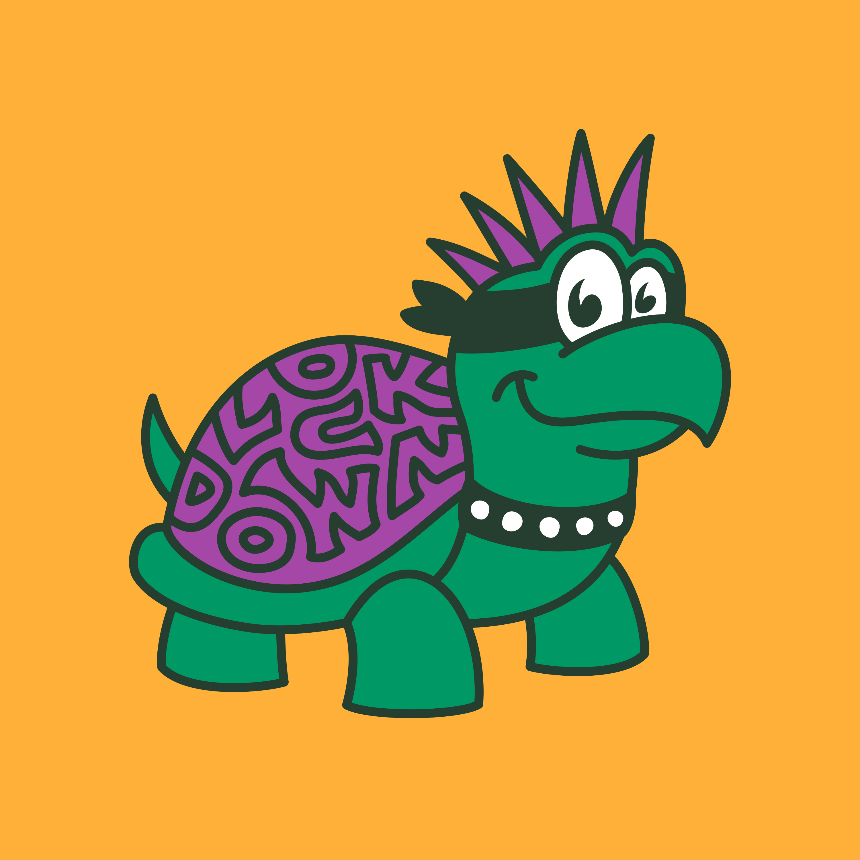 Cartoon green turtle with a purple shell and a purple mohawk hairstyle wearing a bandanna over a yellow square background. Letters on the shell spell the word "Lockdown".