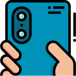 Cartoon representation of a hand holding a blue cellphone to record with the camera.